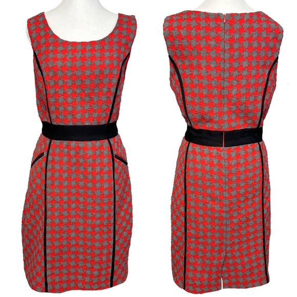 Vintage Ice Woven Houndstooth Sheath Dress Classic Office Chic Red Gray Size 12 - Picture 1 of 16